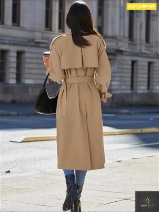 Classic Trench Coat Long Double Breasted Elegant Fall Overcoat with Belt - Picture 6 of 7